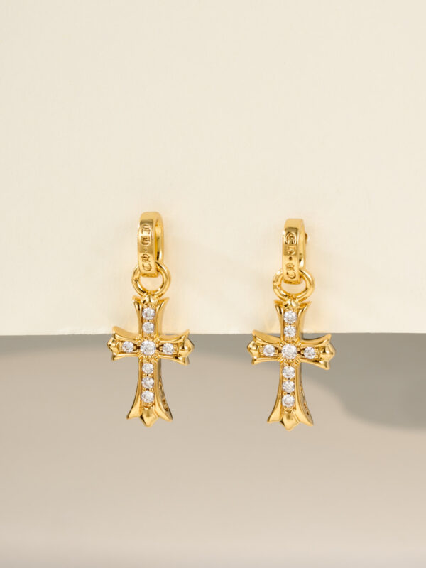 Chrome Hearts Cross-Shaped Gold and Diamond Stud Earrings