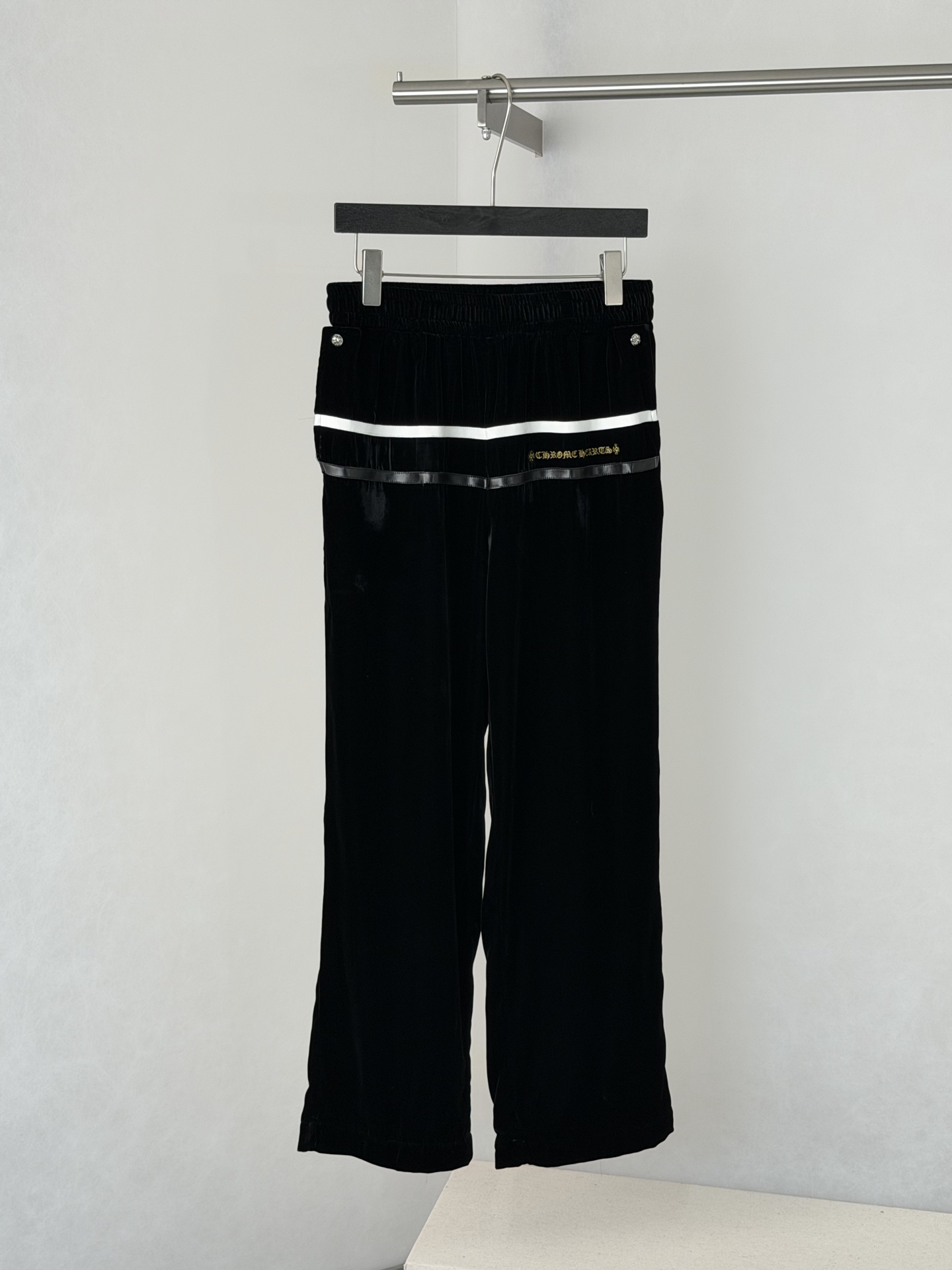 Chrome Hearts Velvet Cross-Stitch Leather-Strap Wide-Leg Athletic Pants