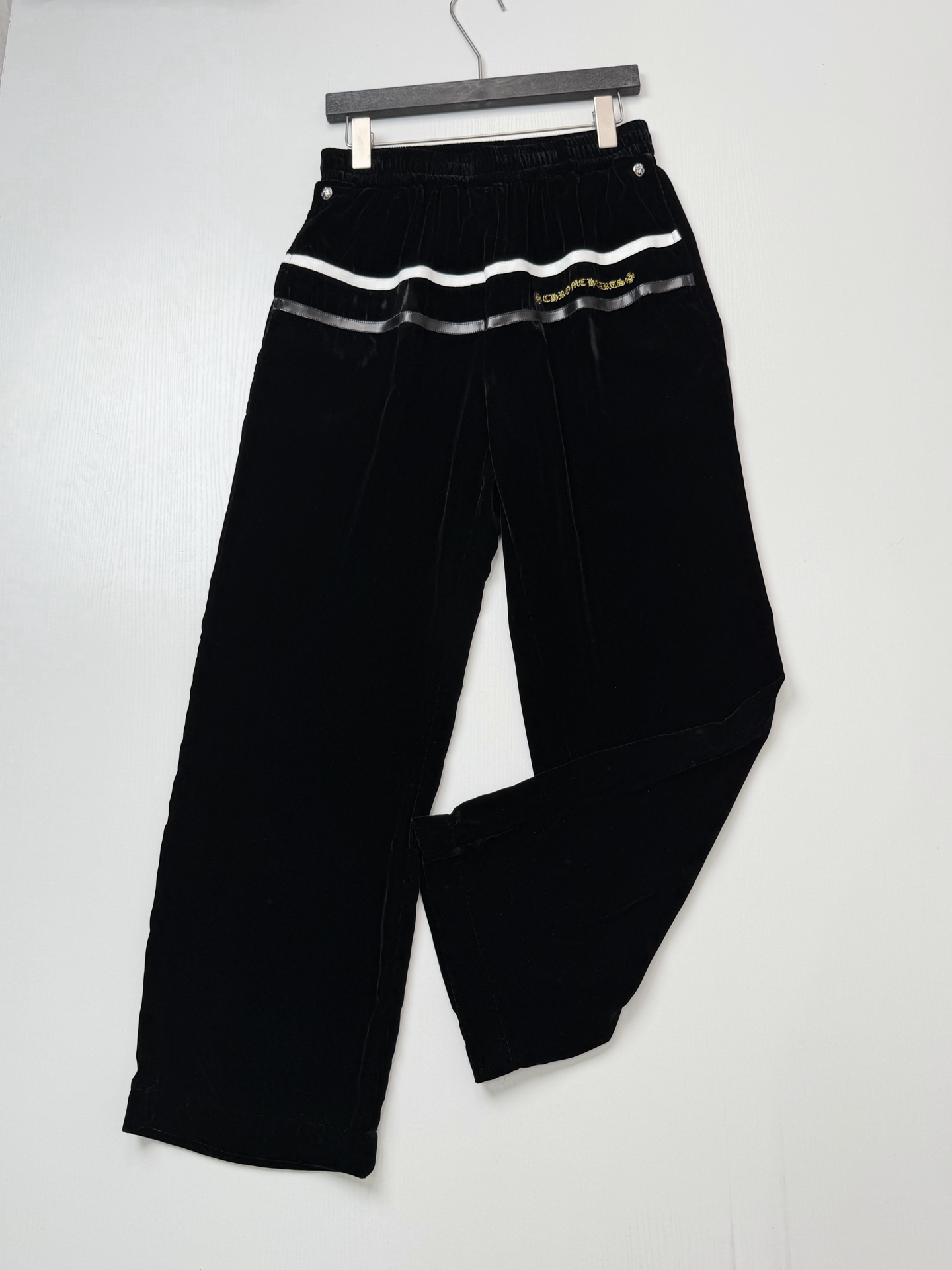 Chrome Hearts Velvet Cross-Stitch Leather-Strap Wide-Leg Athletic Pants - Image 3