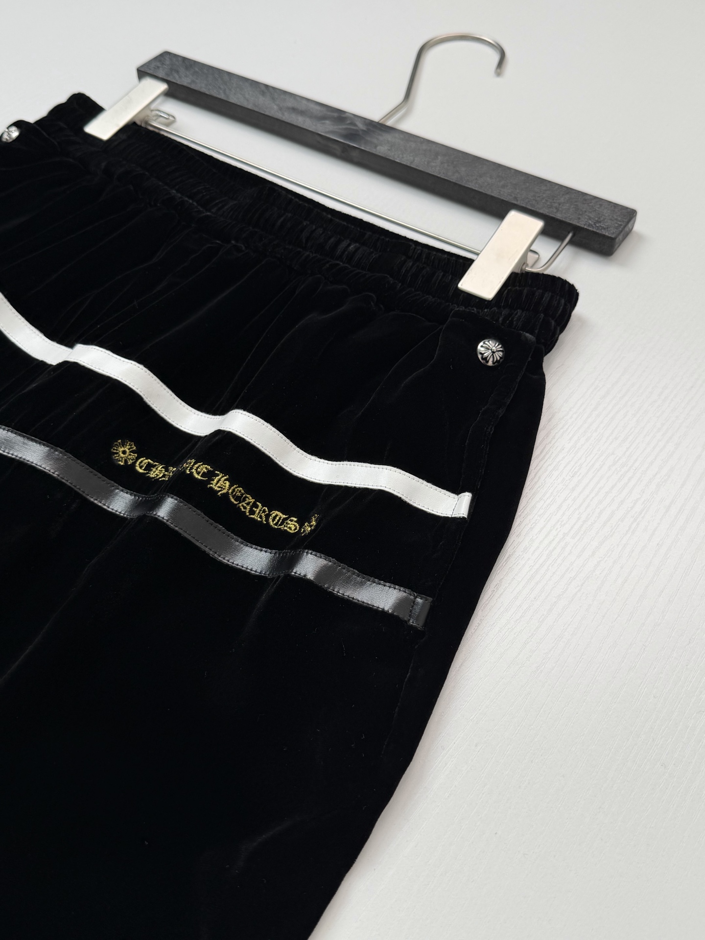 Chrome Hearts Velvet Cross-Stitch Leather-Strap Wide-Leg Athletic Pants - Image 4