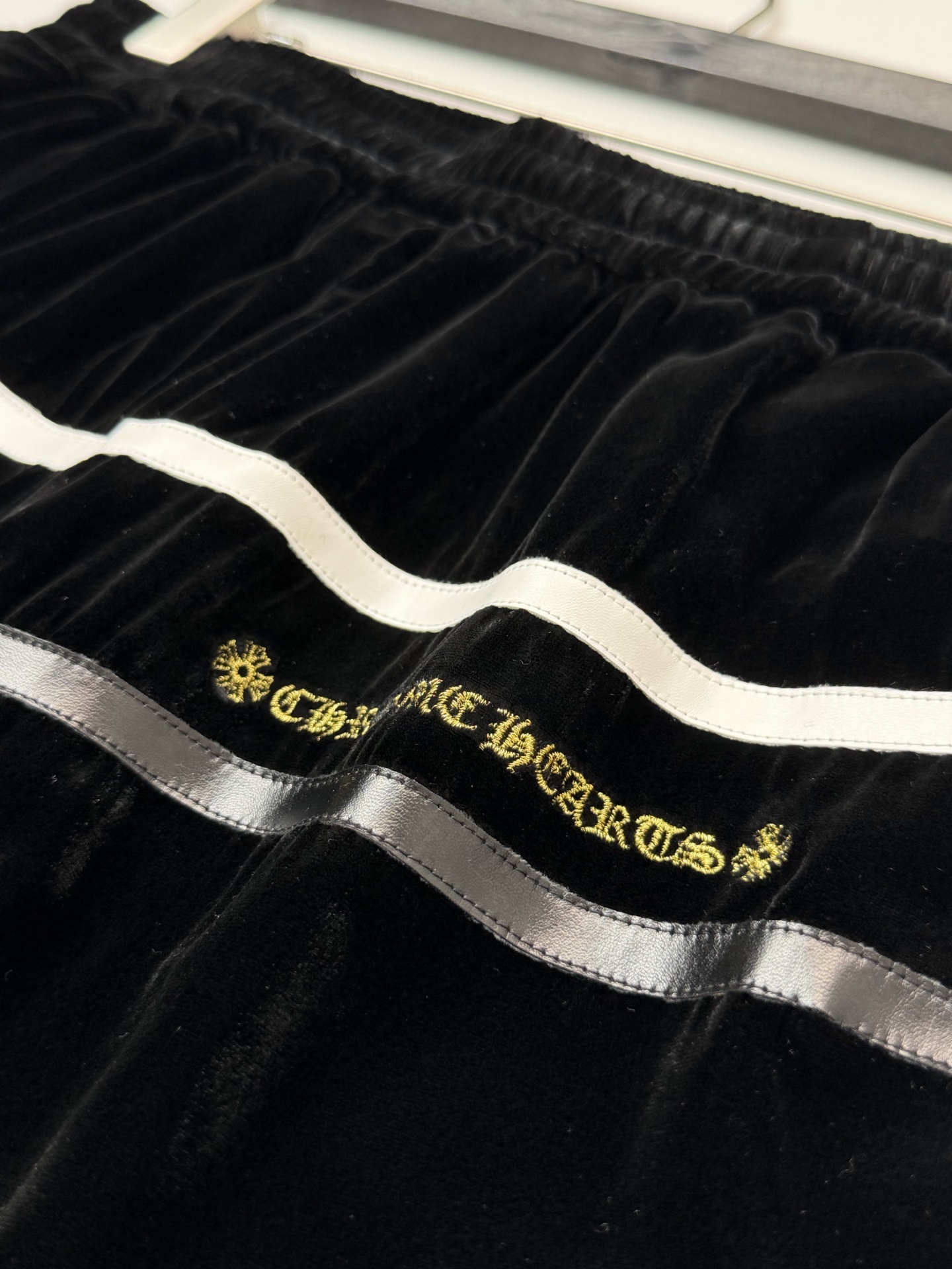 Chrome Hearts Velvet Cross-Stitch Leather-Strap Wide-Leg Athletic Pants - Image 5