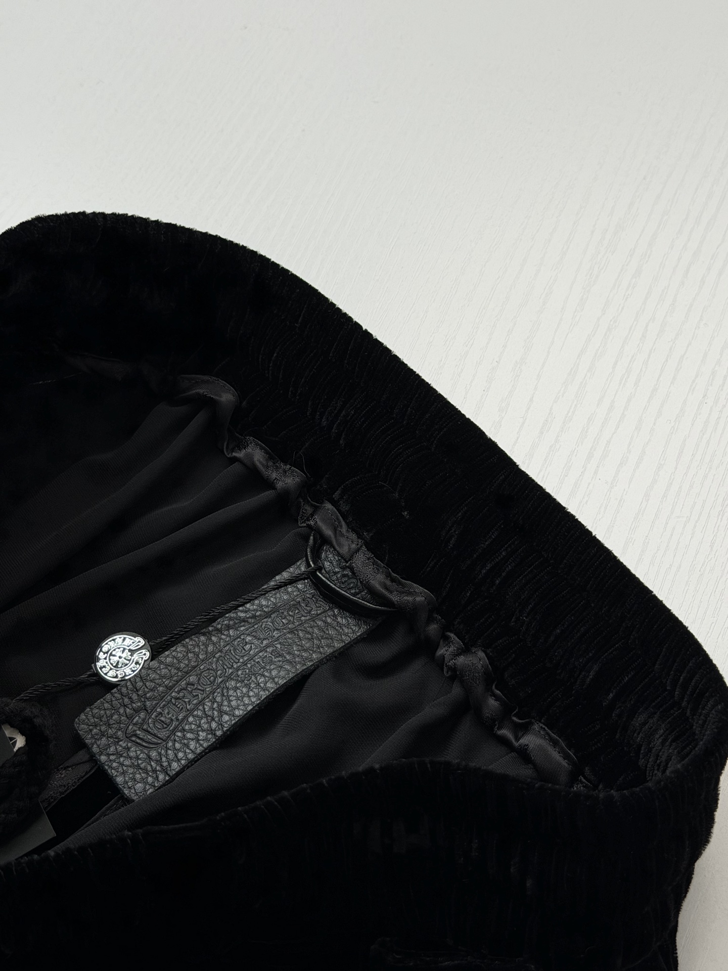 Chrome Hearts Velvet Cross-Stitch Leather-Strap Wide-Leg Athletic Pants - Image 9