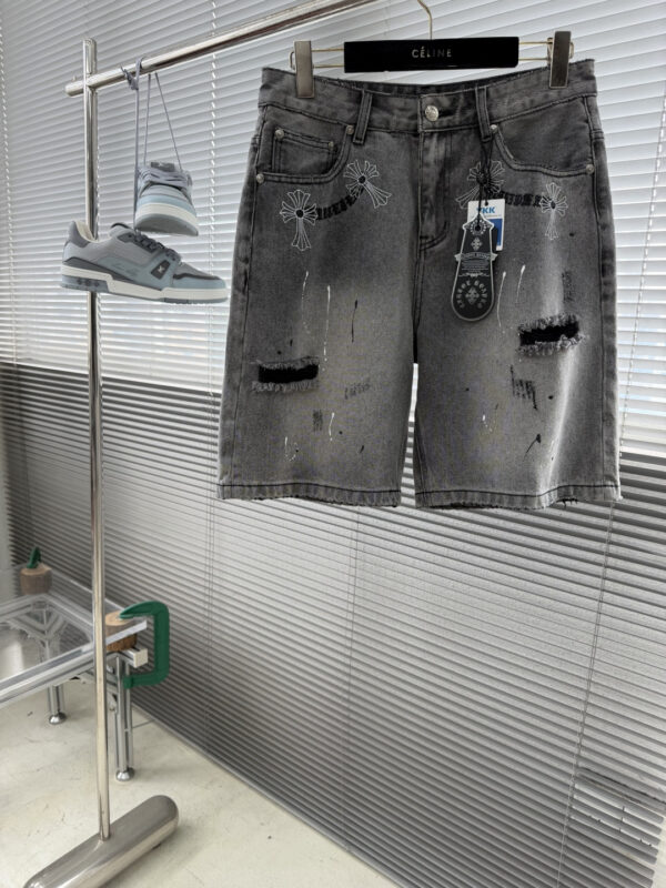 Chrome Hearts Cross Sanskrit Letter Embroidered Denim Shorts