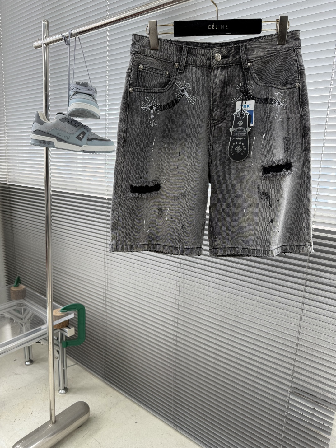Chrome Hearts Cross Sanskrit Letter Embroidered Denim Shorts