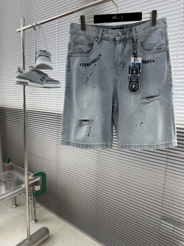Chrome Hearts Cross Sanskrit Letter Embroidered Denim Shorts