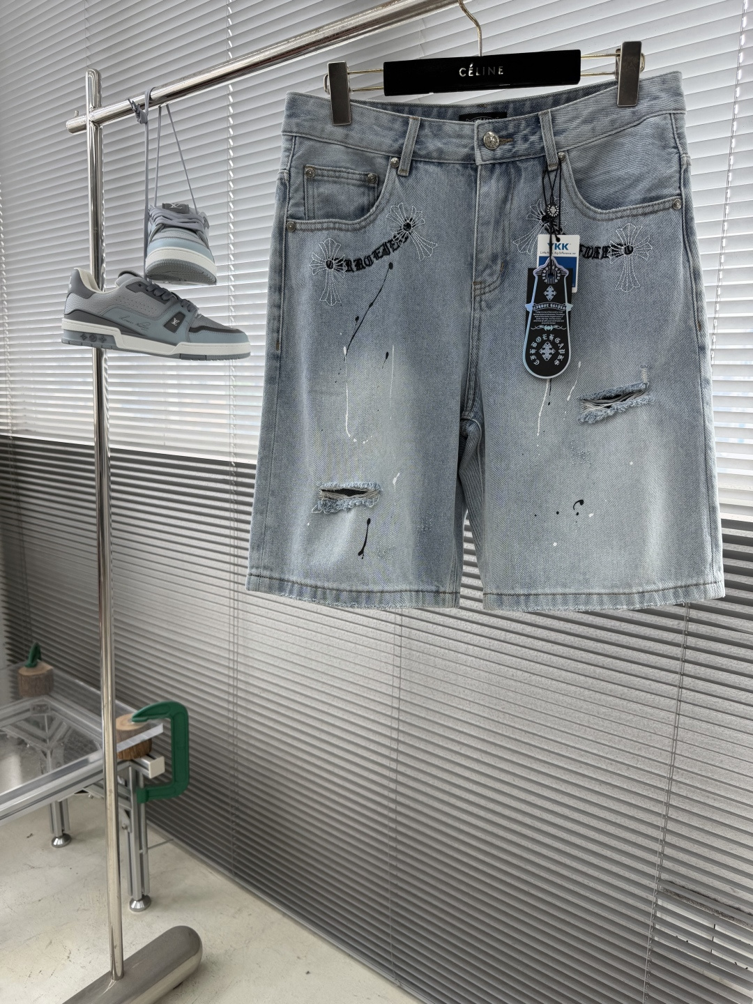 Chrome Hearts Cross Sanskrit Letter Embroidered Denim Shorts
