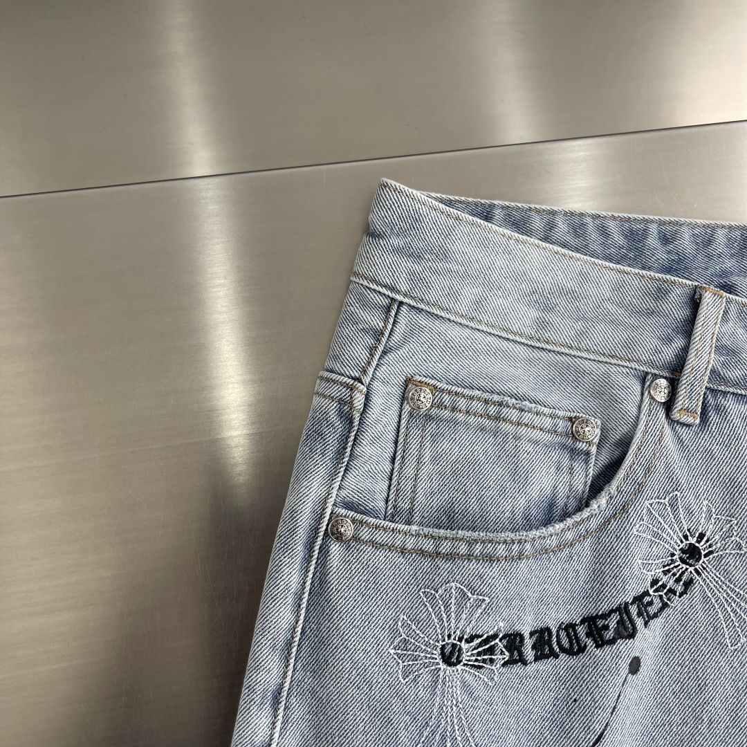 Chrome Hearts Cross Sanskrit Letter Embroidered Denim Shorts - Image 5