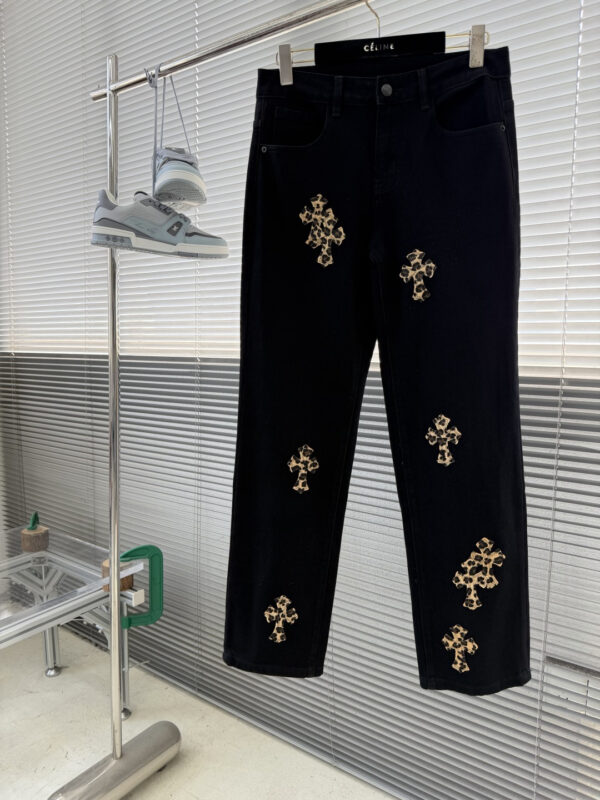 Chrome Hearts Leopard-Print Cross-Stitch Denim Pants