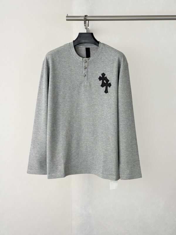 Long-Sleeve Waffle-Knit Shirt with Double Crosses and Henry Collar