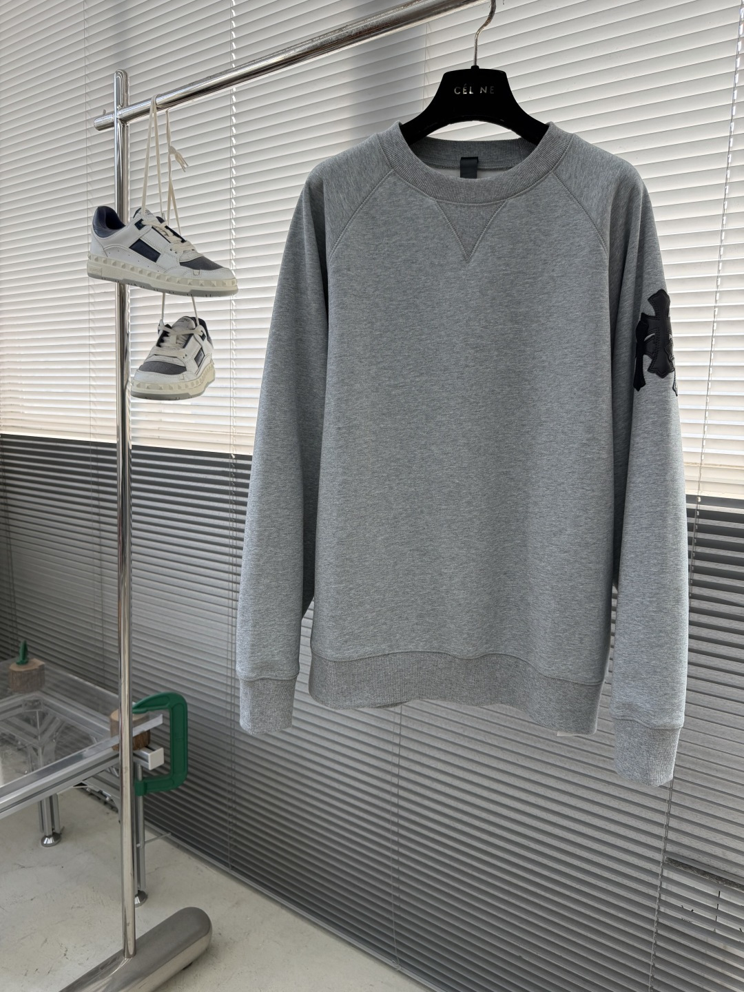 Round-Neck Fleece-Lined Sweatshirt with Leather Accents