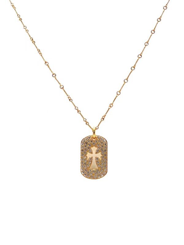 Gold-Plated Medium-Sized Openwork Cross Pendant Set with Full Diamond Inlay