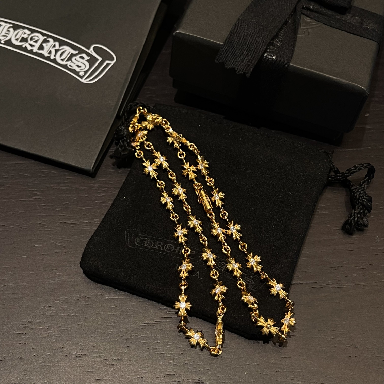 Chrome Hearts Gold-Plated Cross Necklace Set with Full Diamond Inlay - Image 5