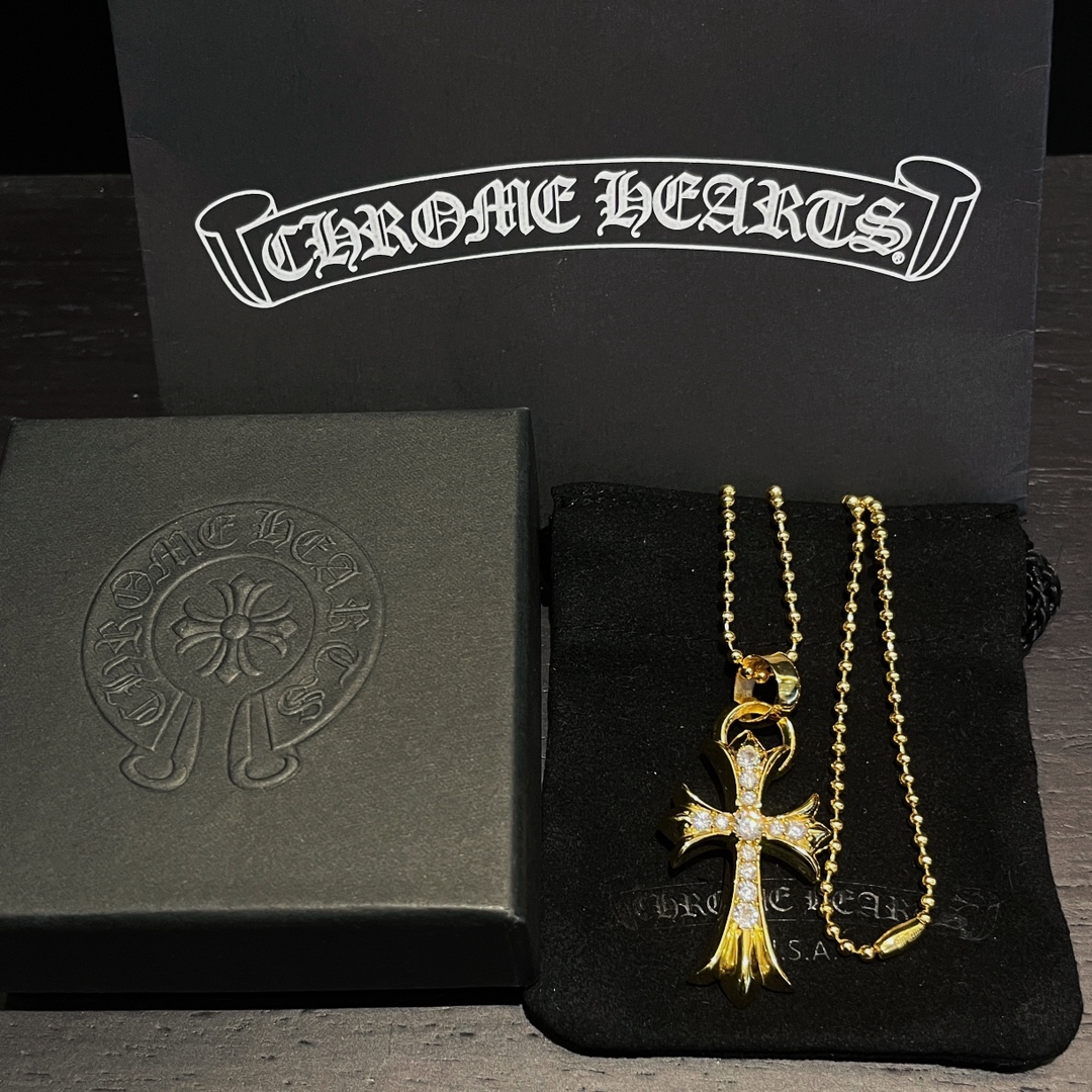 Chrome Hearts Gold-Plated Teardrop Cross Set with Diamonds - Image 8