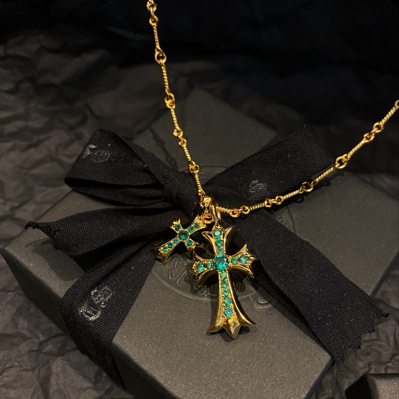 CH 22k Gold-Plated Green Diamond Double Cross - Image 5