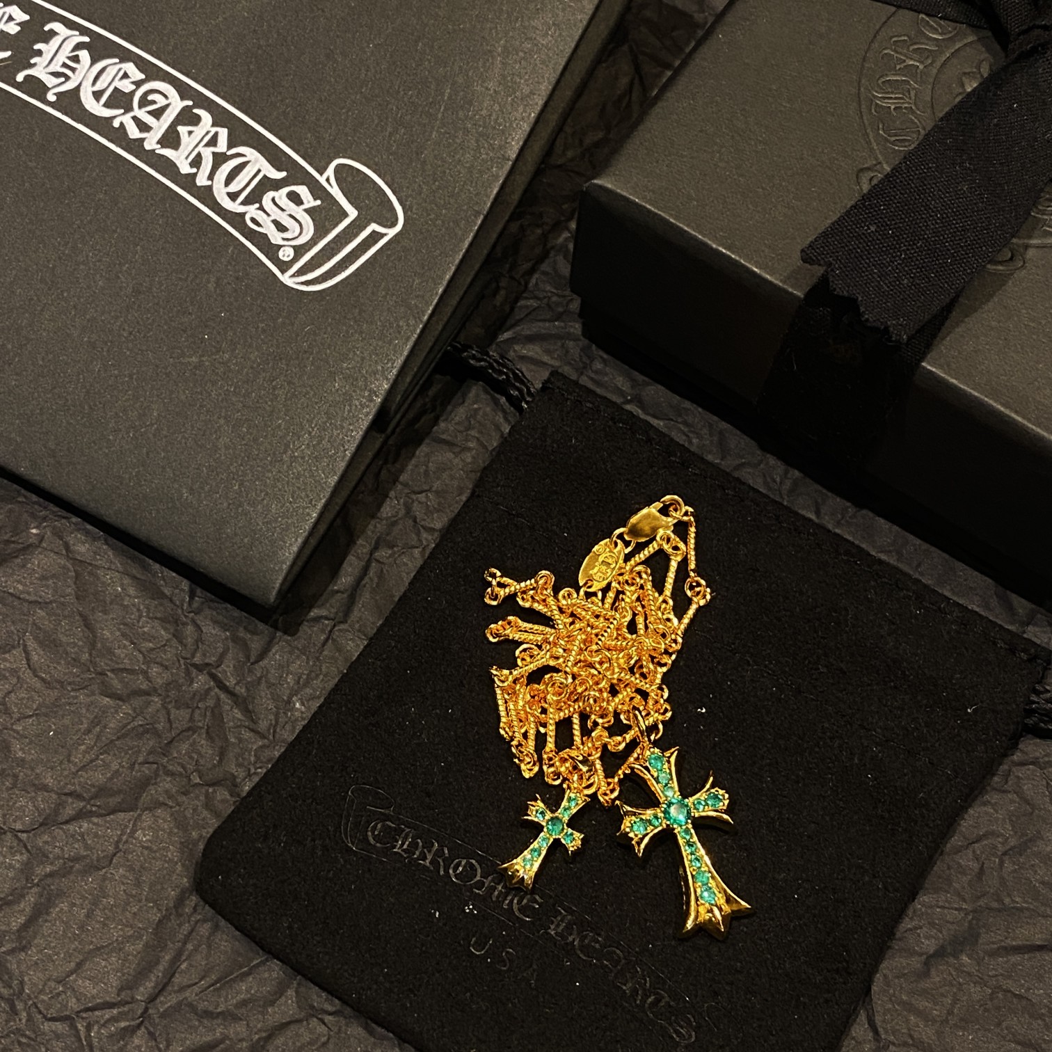 CH 22k Gold-Plated Green Diamond Double Cross - Image 8