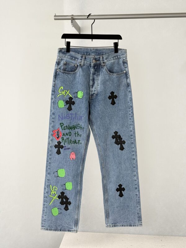 Chrome Hearts Hand-Painted Graffiti Black Leather Cross Jeans