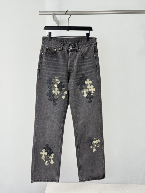 CH Black and Gray Washed Camouflage Patchwork Leather Cross-Design Jeans