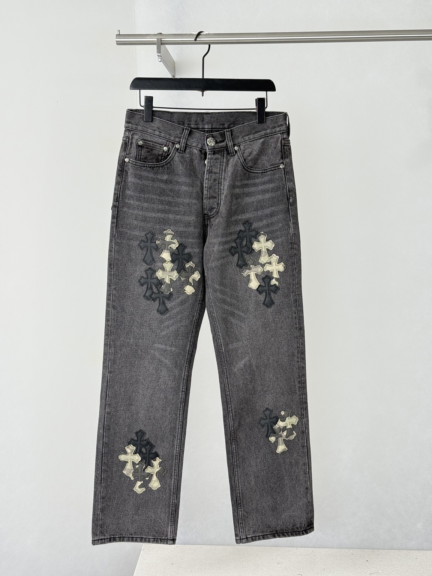 CH Black and Gray Washed Camouflage Patchwork Leather Cross-Design Jeans
