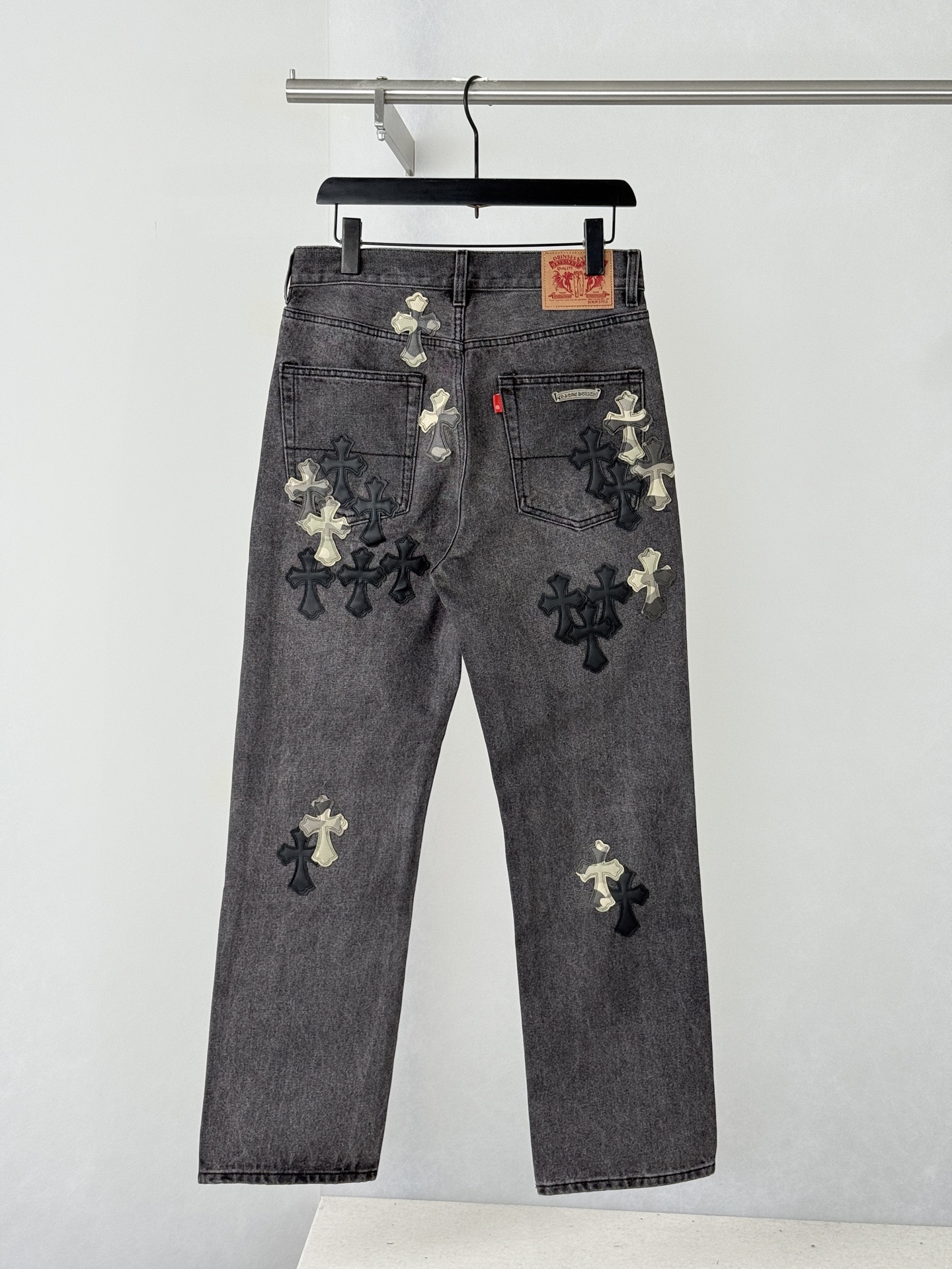 CH Black and Gray Washed Camouflage Patchwork Leather Cross-Design Jeans - Image 2