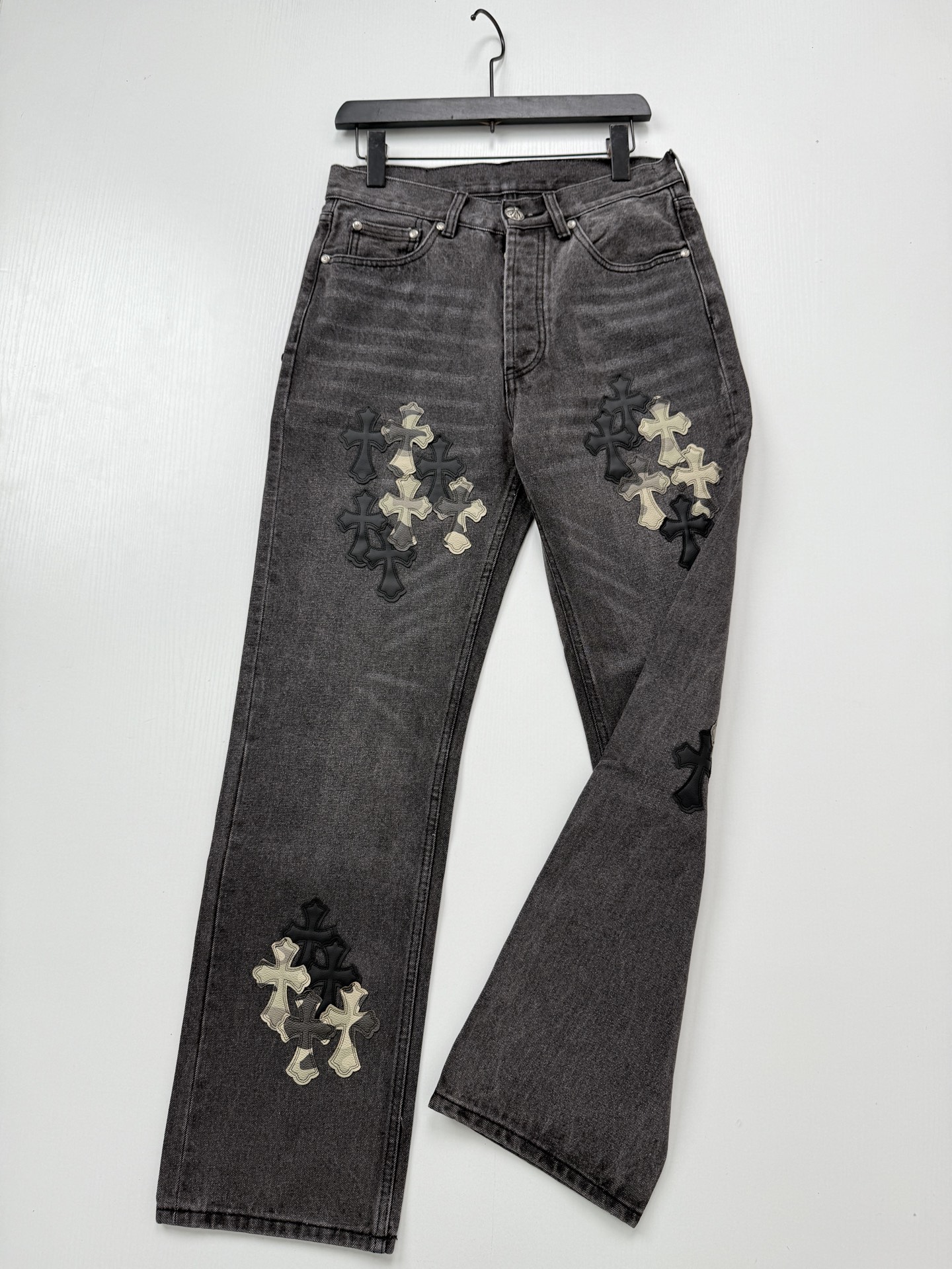 CH Black and Gray Washed Camouflage Patchwork Leather Cross-Design Jeans - Image 3