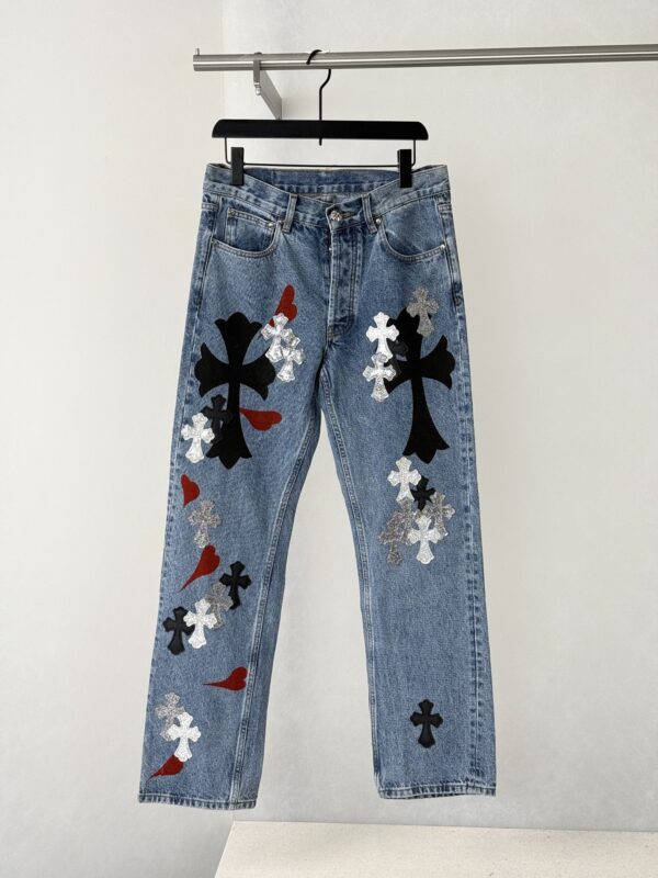 CH Multicolored Cross-Patterned Patchwork Leather-Trimmed Heart-Print Jeans