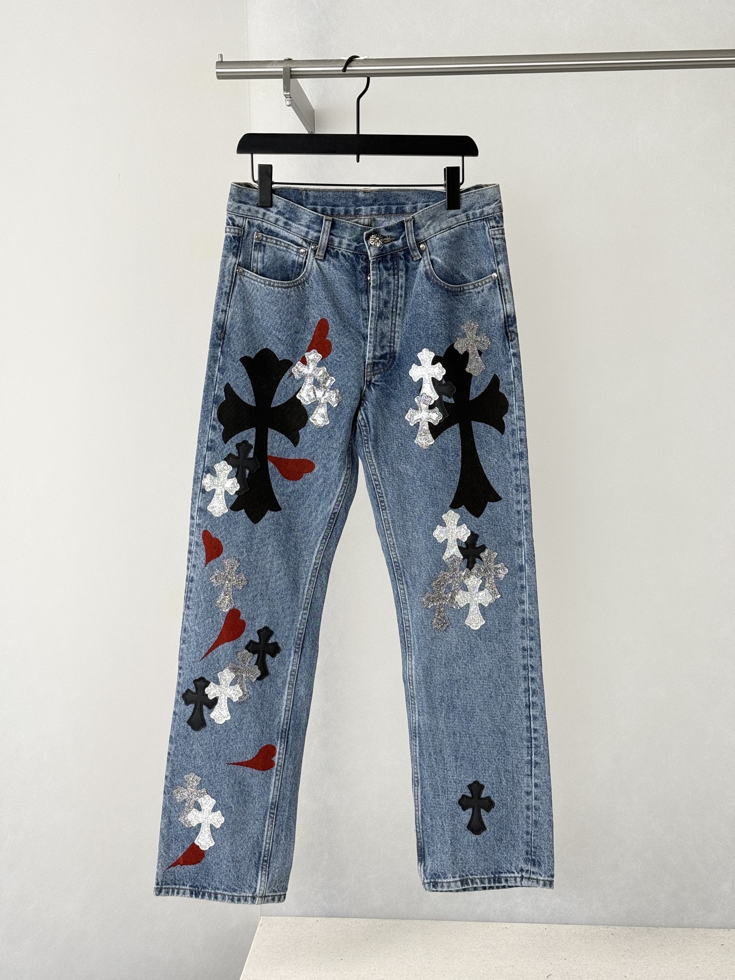 CH Multicolored Cross-Patterned Patchwork Leather-Trimmed Heart-Print Jeans