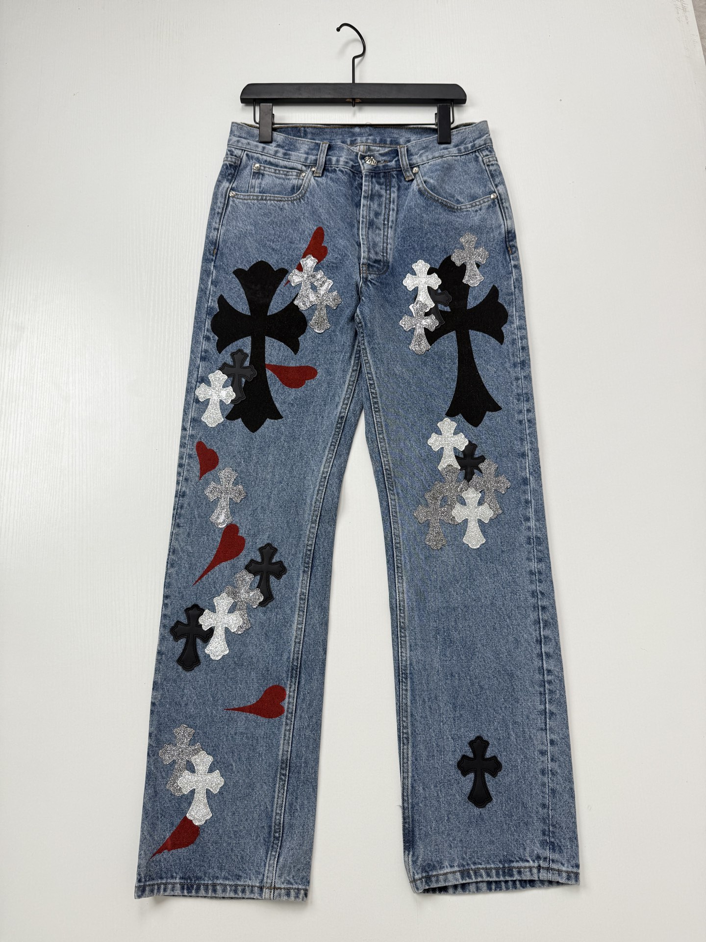 CH Multicolored Cross-Patterned Patchwork Leather-Trimmed Heart-Print Jeans - Image 3