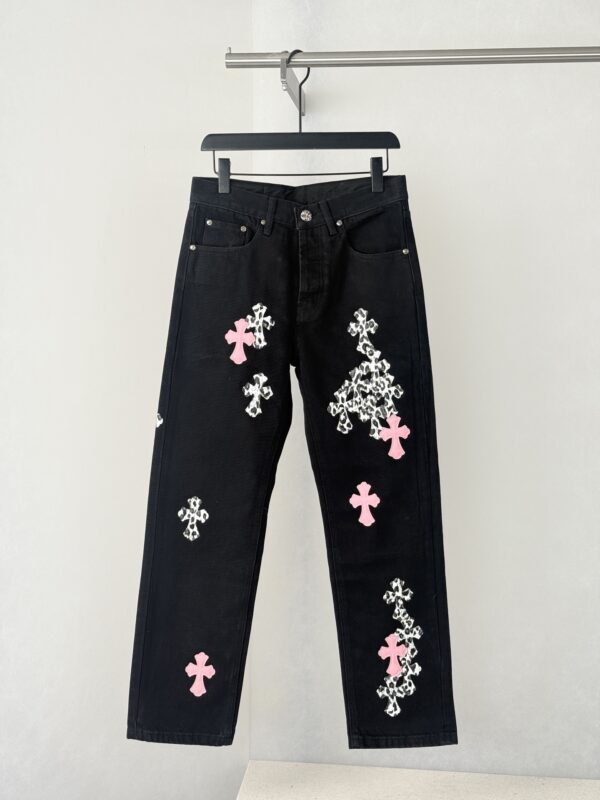 Chrome Hearts Black and Pink Leopard-Print Patchwork Leather Cross-Design Jeans