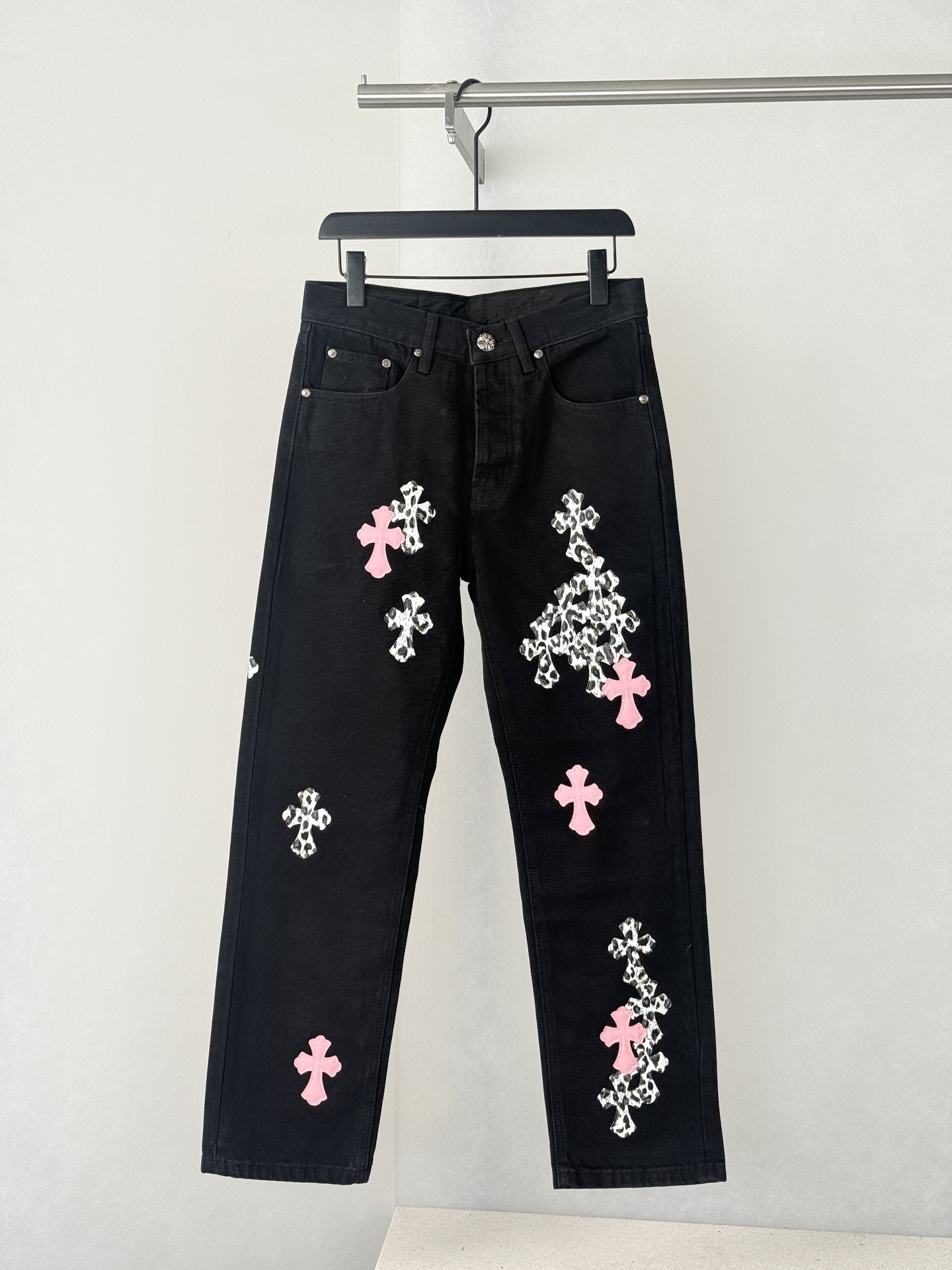 Chrome Hearts Black and Pink Leopard-Print Patchwork Leather Cross-Design Jeans