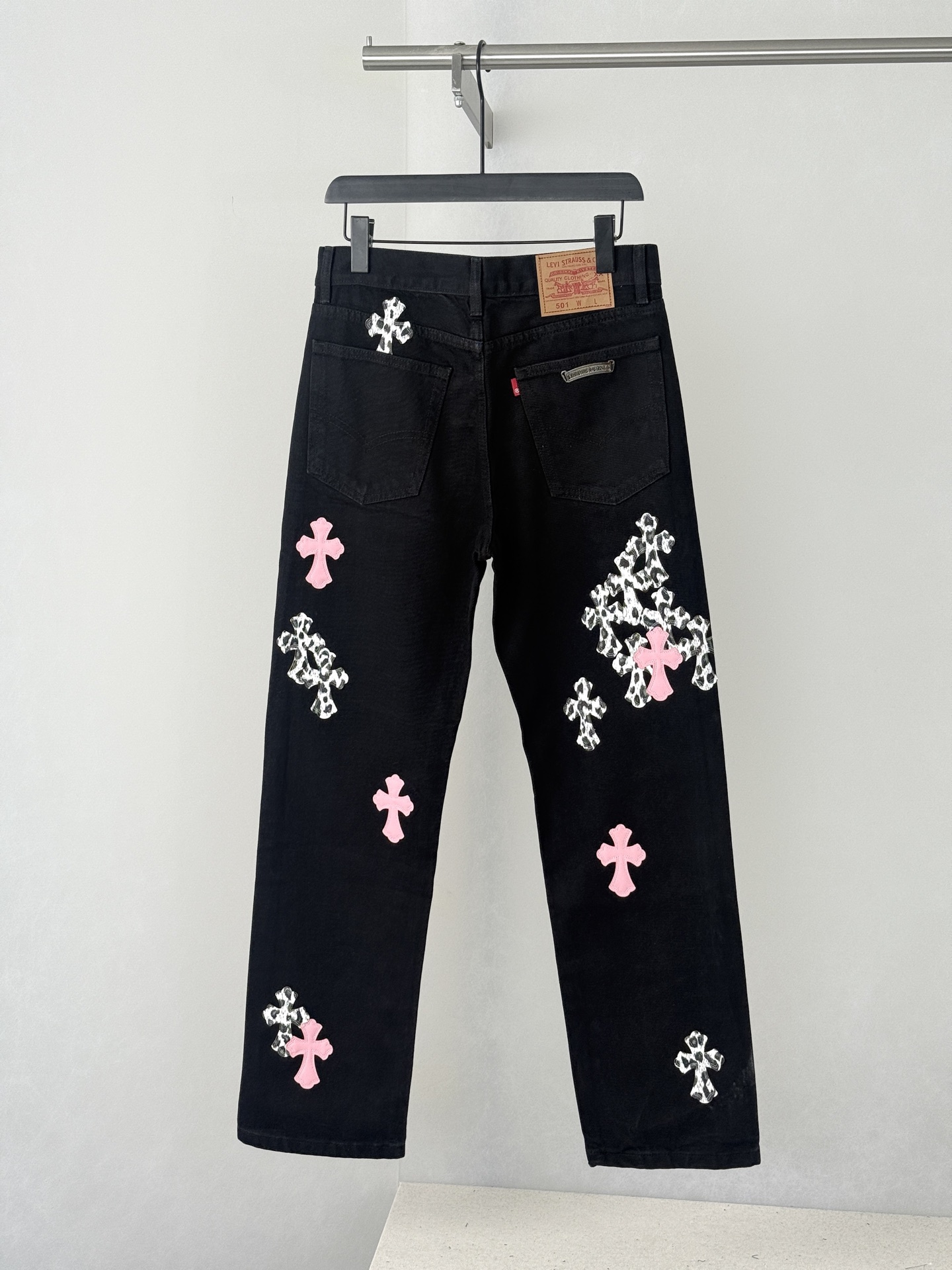 Chrome Hearts Black and Pink Leopard-Print Patchwork Leather Cross-Design Jeans - Image 2