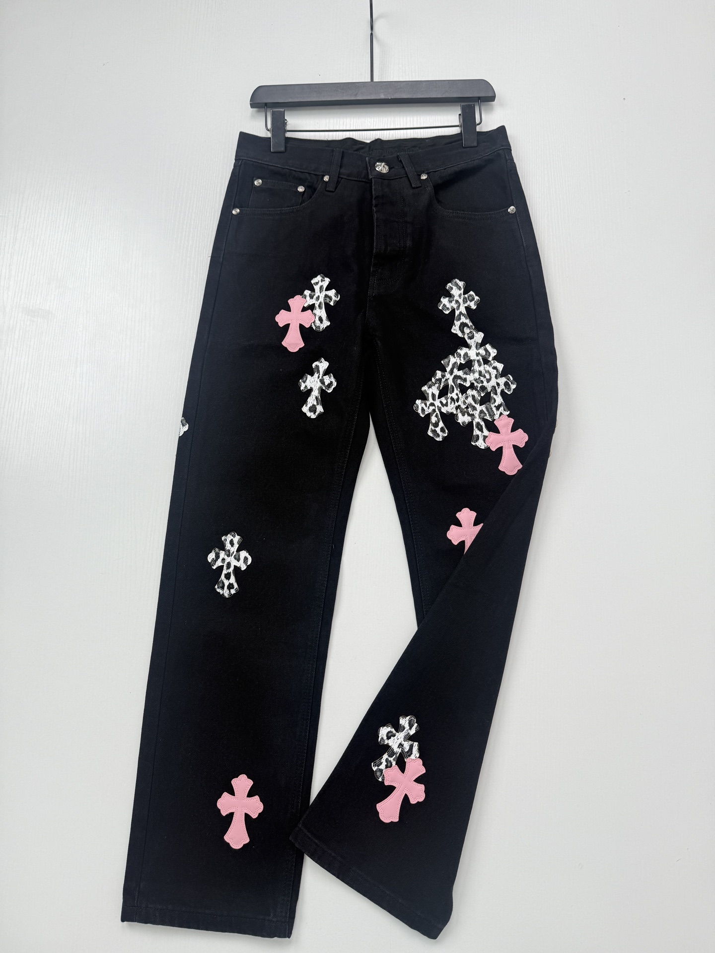 Chrome Hearts Black and Pink Leopard-Print Patchwork Leather Cross-Design Jeans - Image 3
