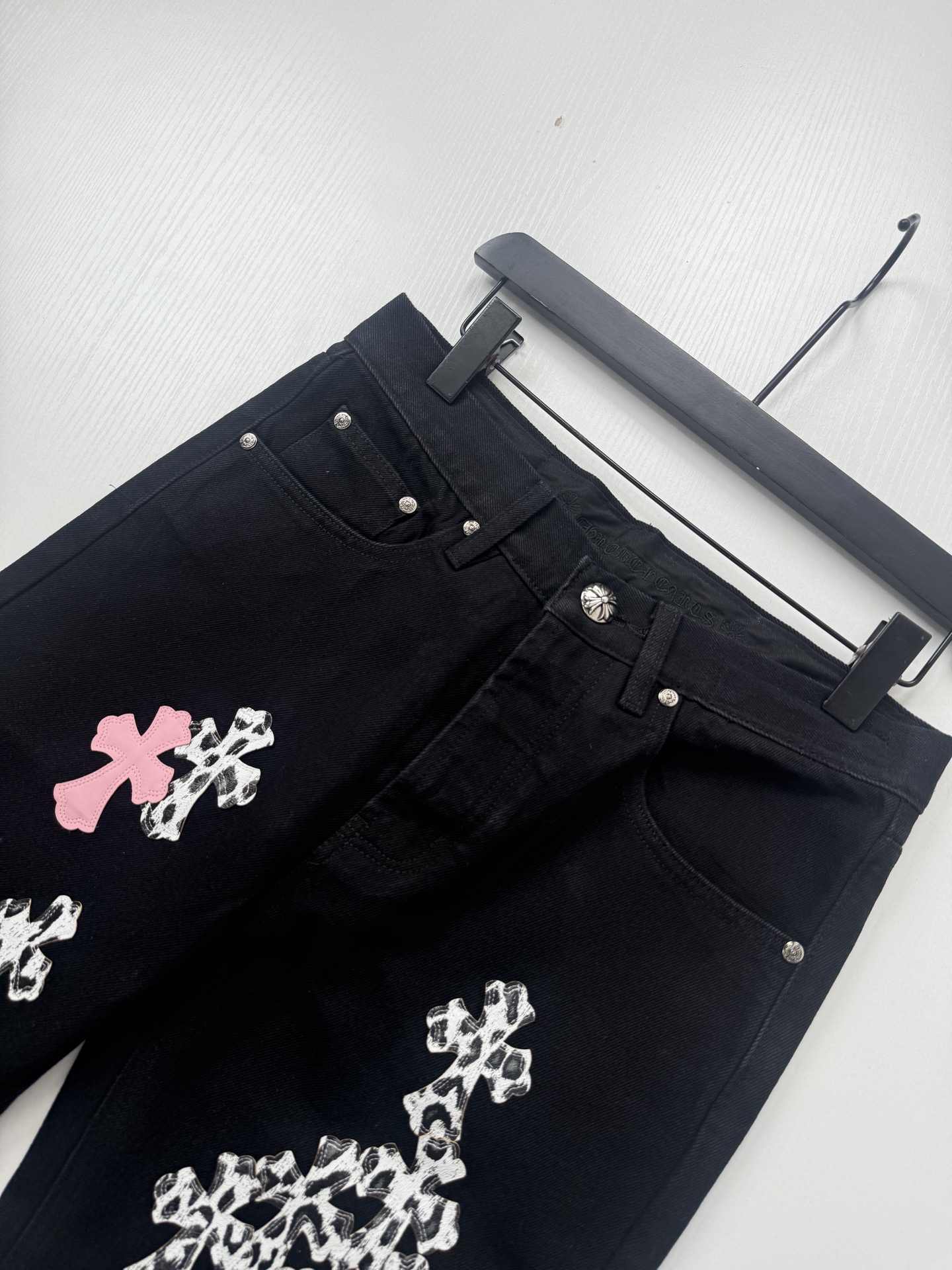 Chrome Hearts Black and Pink Leopard-Print Patchwork Leather Cross-Design Jeans - Image 5