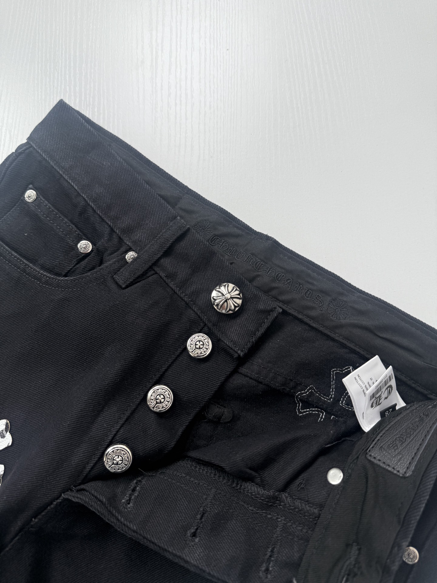 Chrome Hearts Black and Pink Leopard-Print Patchwork Leather Cross-Design Jeans - Image 9