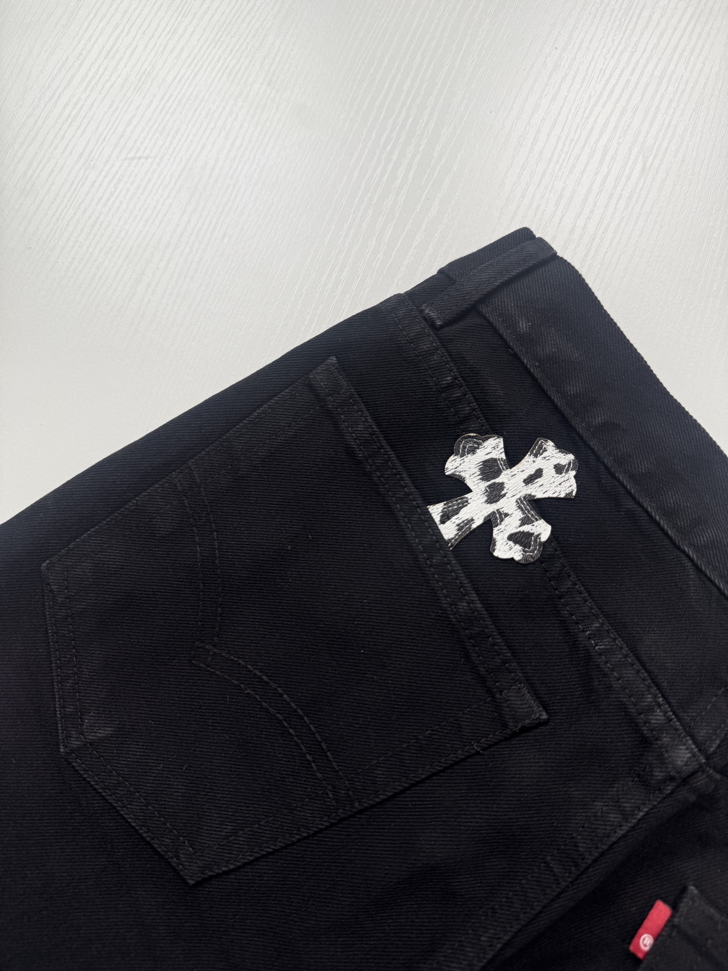 Chrome Hearts Black and Pink Leopard-Print Patchwork Leather Cross-Design Jeans - Image 10