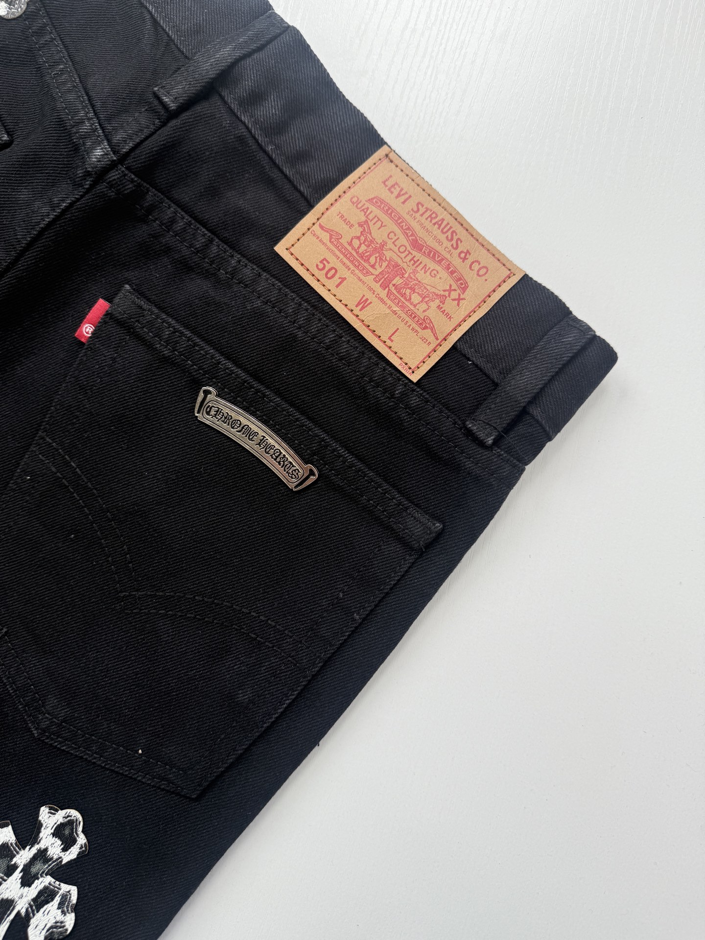 Chrome Hearts Black and Pink Leopard-Print Patchwork Leather Cross-Design Jeans - Image 12