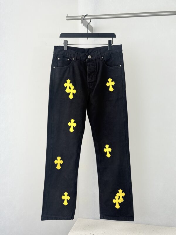 Chrome Hearts Bright Yellow Leather-Accent Cross-Patterned Jeans