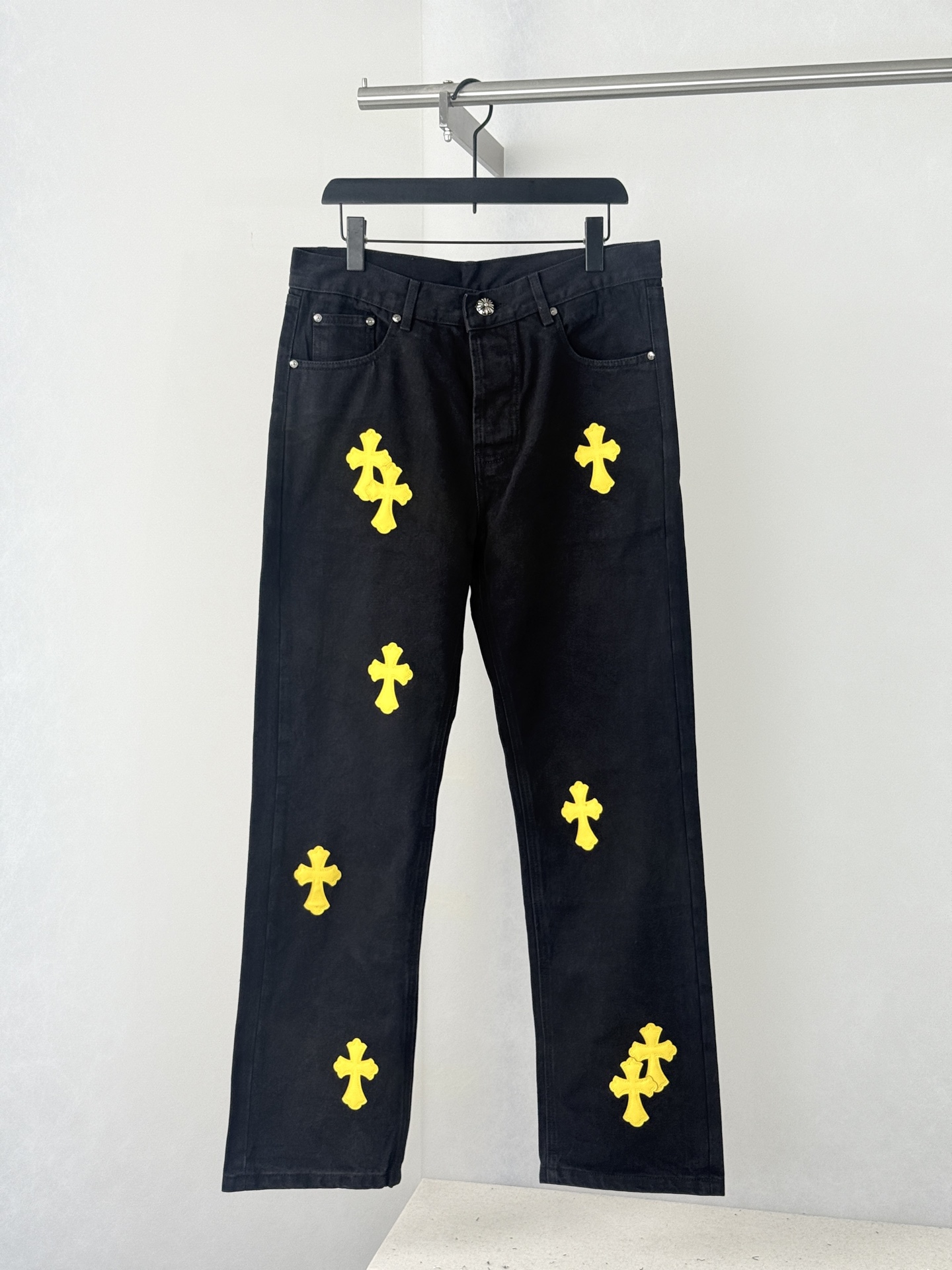 Chrome Hearts Bright Yellow Leather-Accent Cross-Patterned Jeans