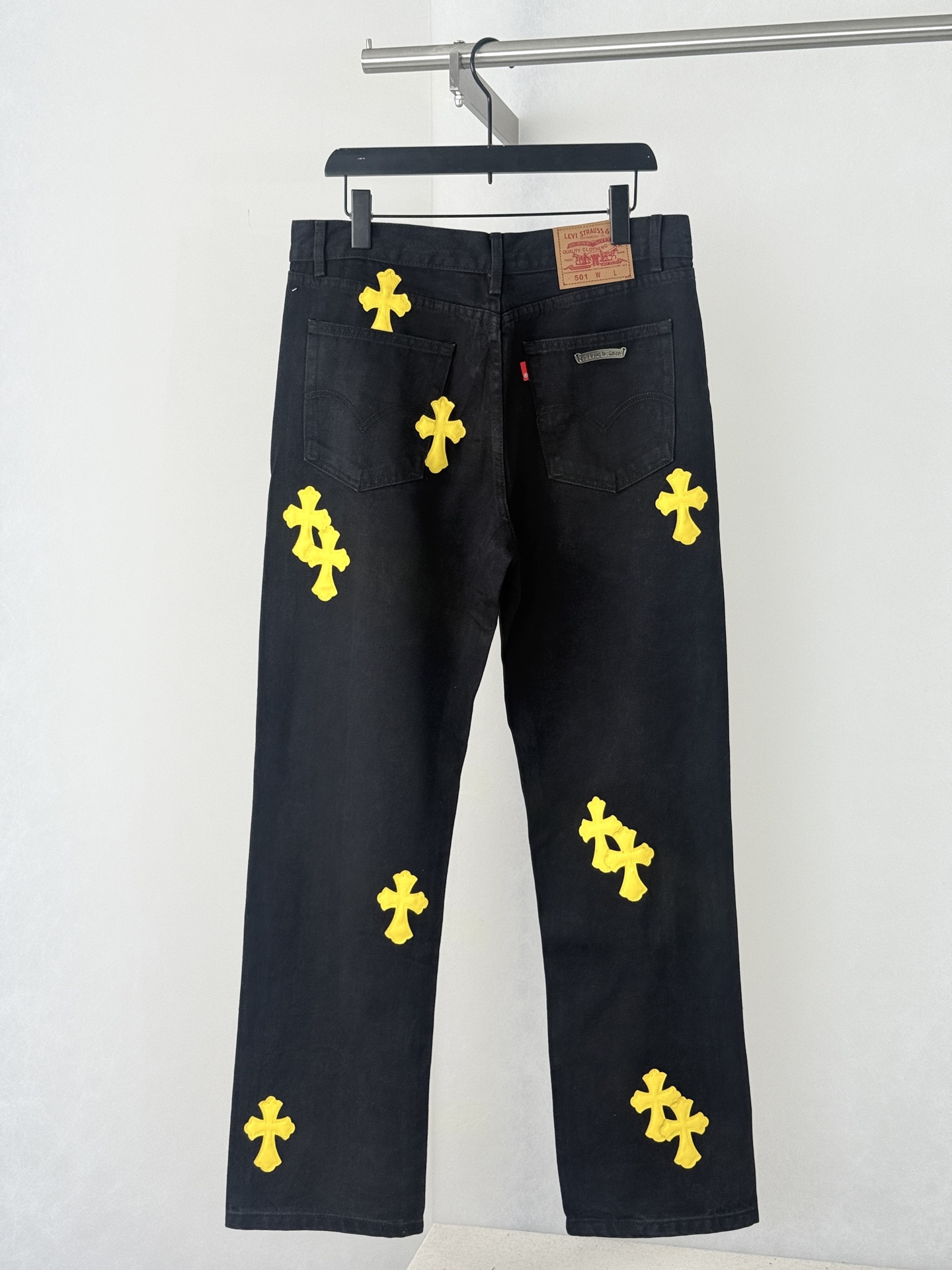 Chrome Hearts Bright Yellow Leather-Accent Cross-Patterned Jeans - Image 2