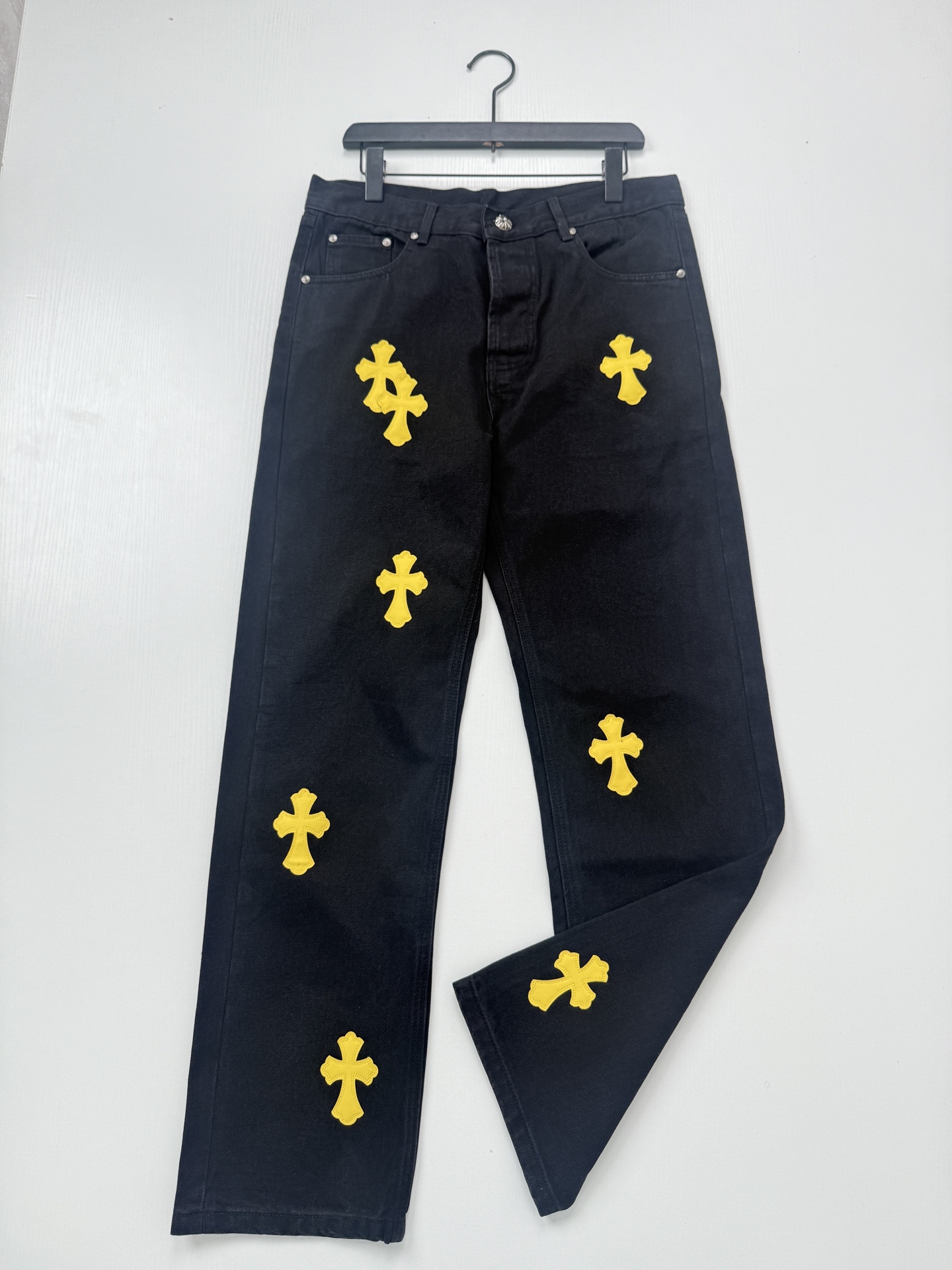 Chrome Hearts Bright Yellow Leather-Accent Cross-Patterned Jeans - Image 3