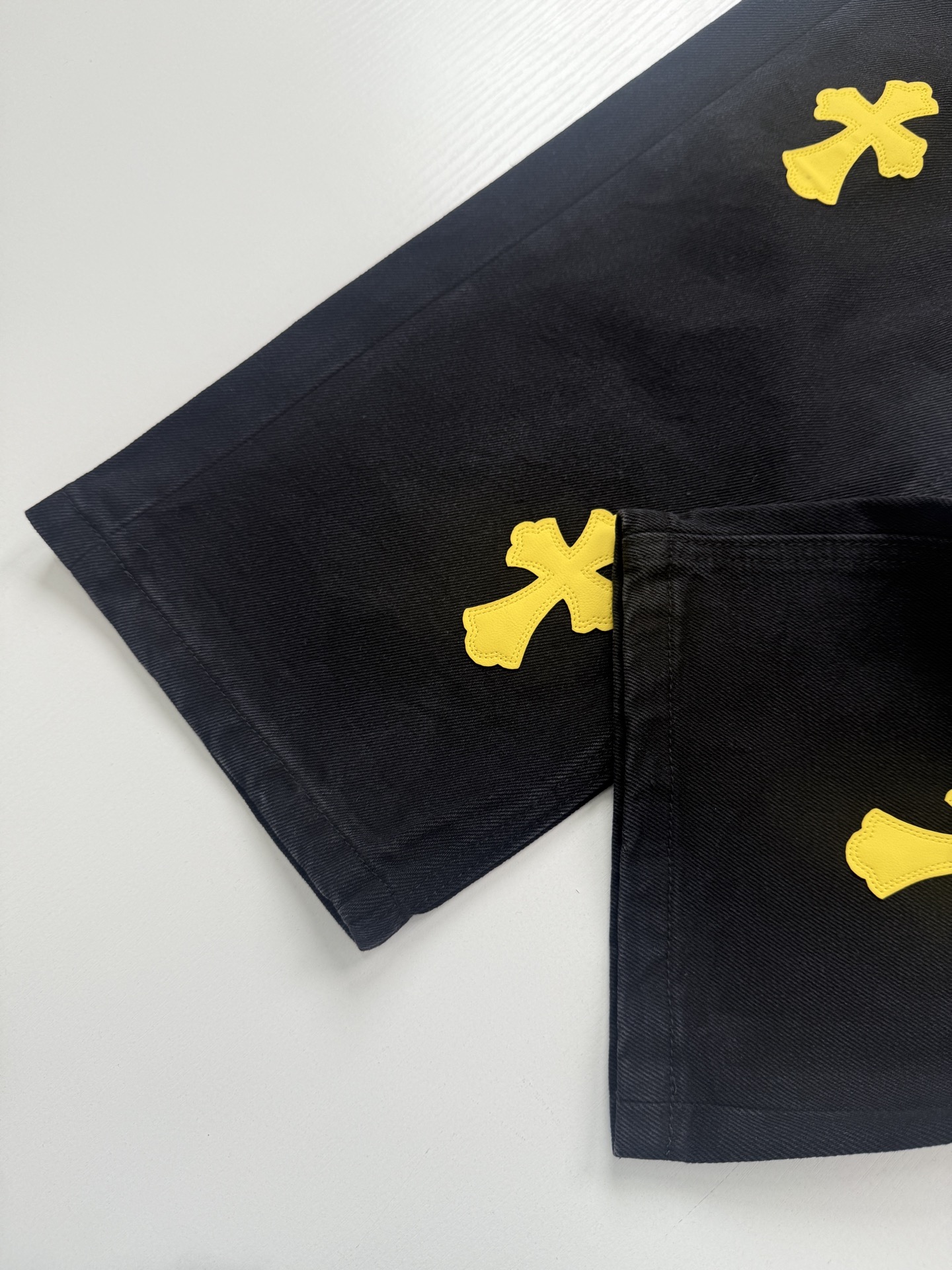 Chrome Hearts Bright Yellow Leather-Accent Cross-Patterned Jeans - Image 4