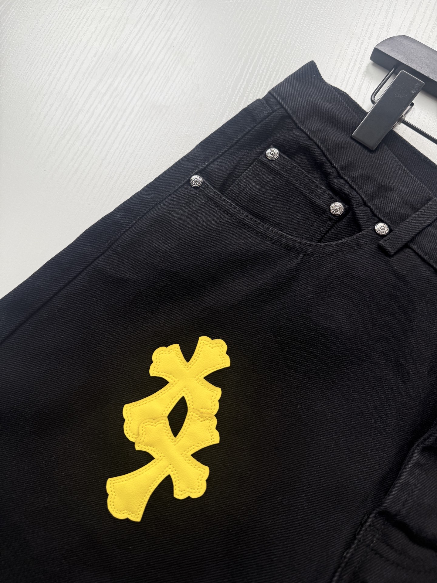 Chrome Hearts Bright Yellow Leather-Accent Cross-Patterned Jeans - Image 5