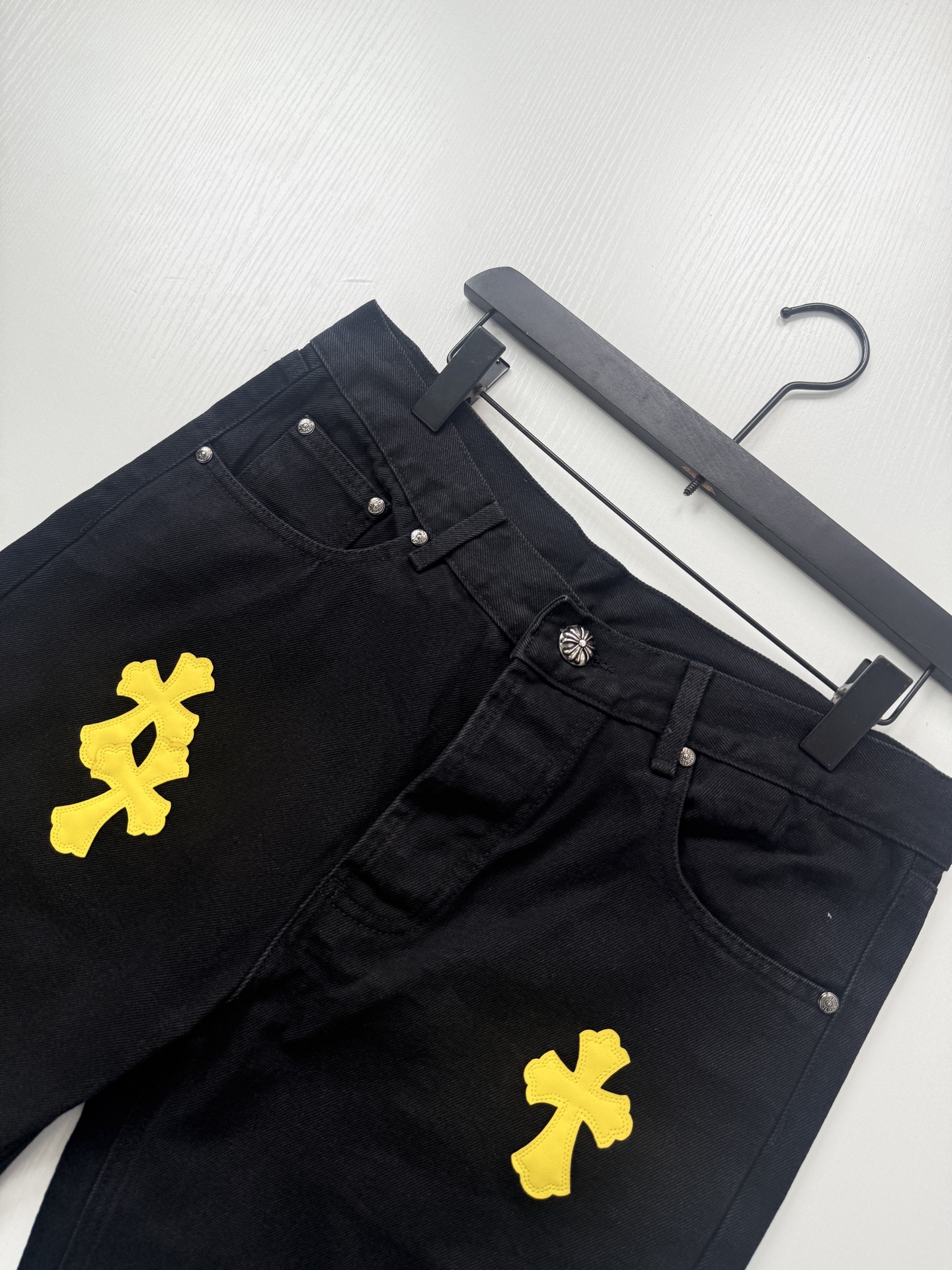 Chrome Hearts Bright Yellow Leather-Accent Cross-Patterned Jeans - Image 6