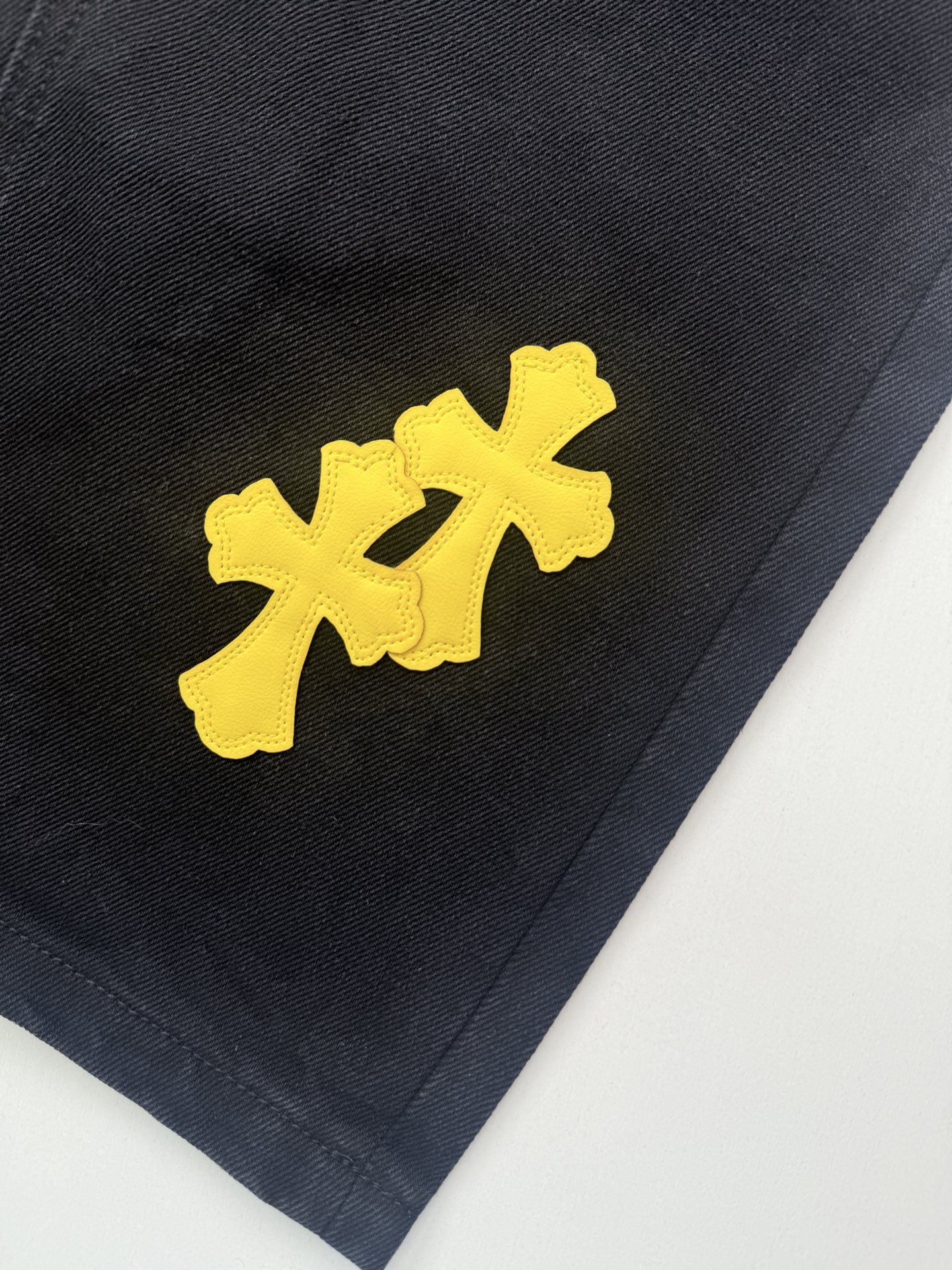 Chrome Hearts Bright Yellow Leather-Accent Cross-Patterned Jeans - Image 9
