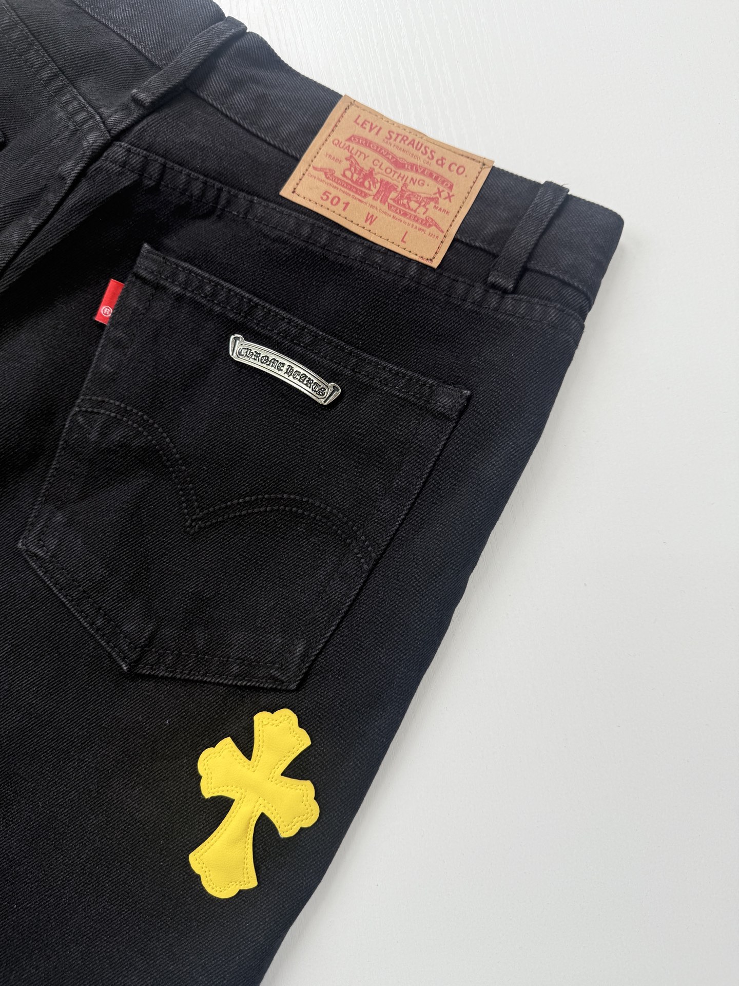 Chrome Hearts Bright Yellow Leather-Accent Cross-Patterned Jeans - Image 10