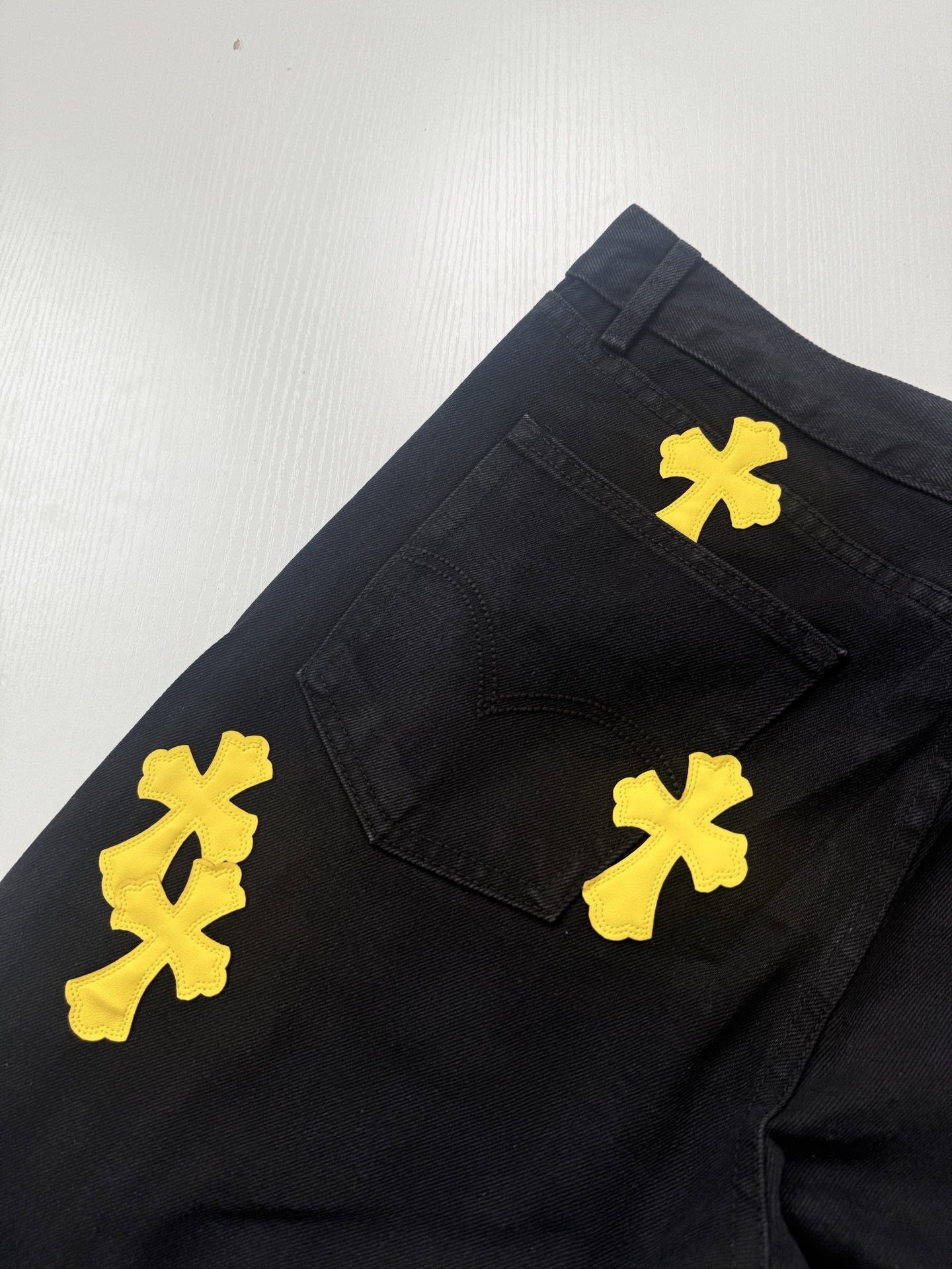 Chrome Hearts Bright Yellow Leather-Accent Cross-Patterned Jeans - Image 12