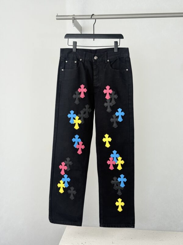 Chrome Hearts Color-Blocked Leather-Trimmed Cross-Design Jeans