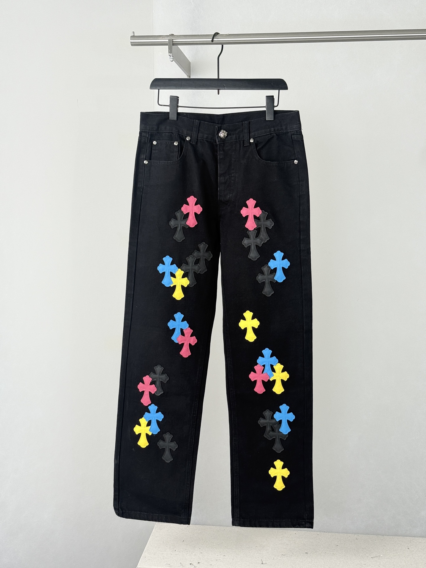 Chrome Hearts Color-Blocked Leather-Trimmed Cross-Design Jeans
