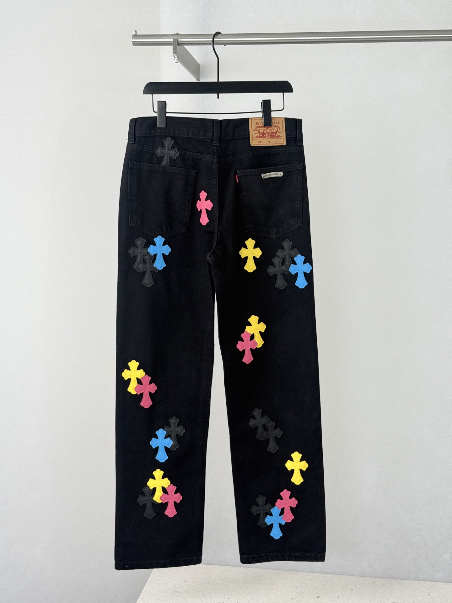 Chrome Hearts Color-Blocked Leather-Trimmed Cross-Design Jeans - Image 2