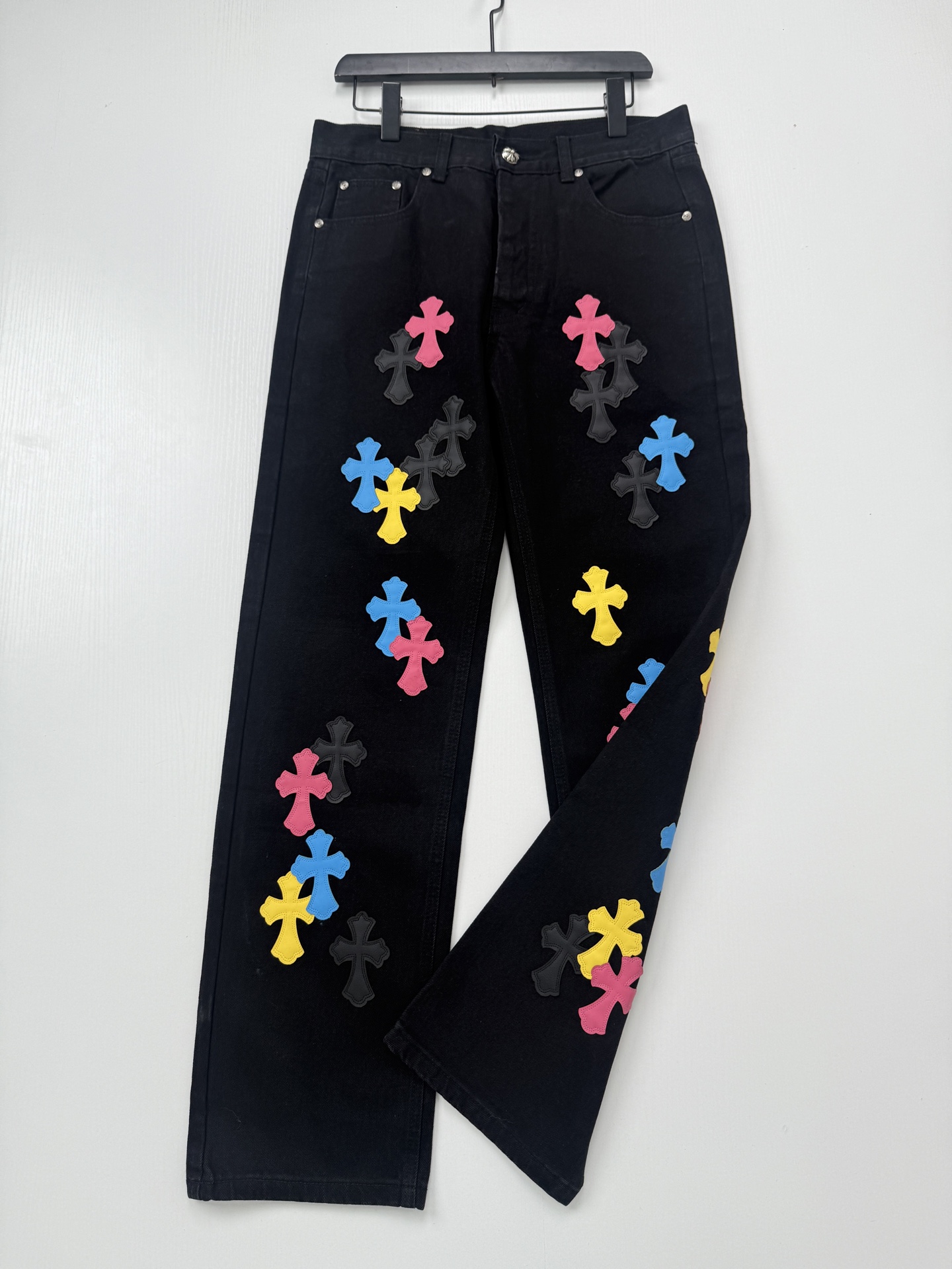 Chrome Hearts Color-Blocked Leather-Trimmed Cross-Design Jeans - Image 3