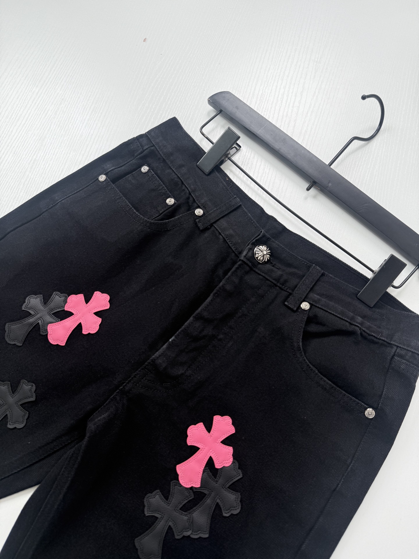 Chrome Hearts Color-Blocked Leather-Trimmed Cross-Design Jeans - Image 4
